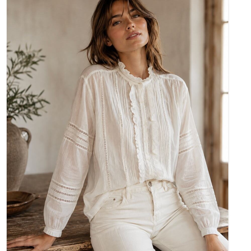 Isabel Marant Étoile Ruffle Pintuck Lace Cotton Blouse Ivory 34 (XS) Designer
